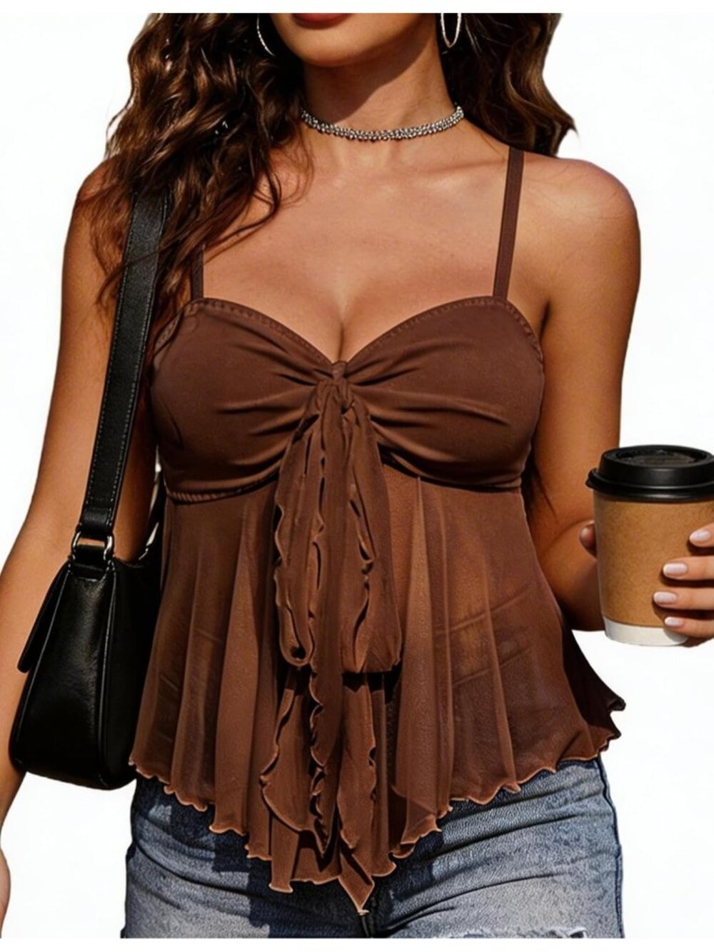 Women's Brown Bralettes Mesh Flowy Spaghetti Strap Baby Doll Mermaid Tank Top